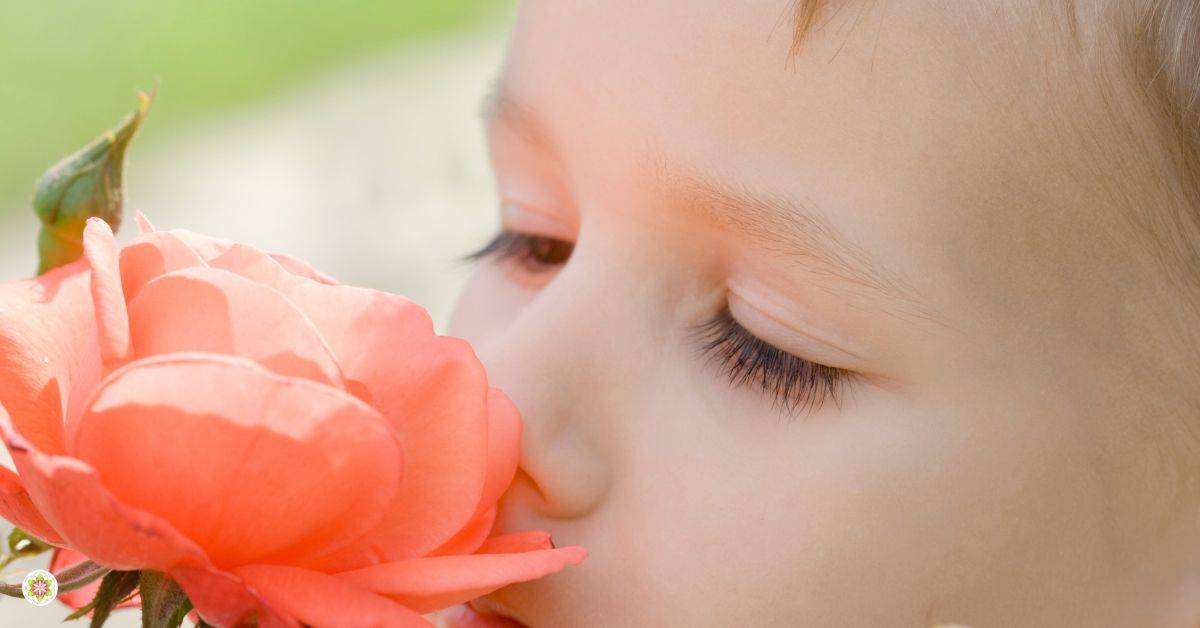 kind ruikt aan bloem